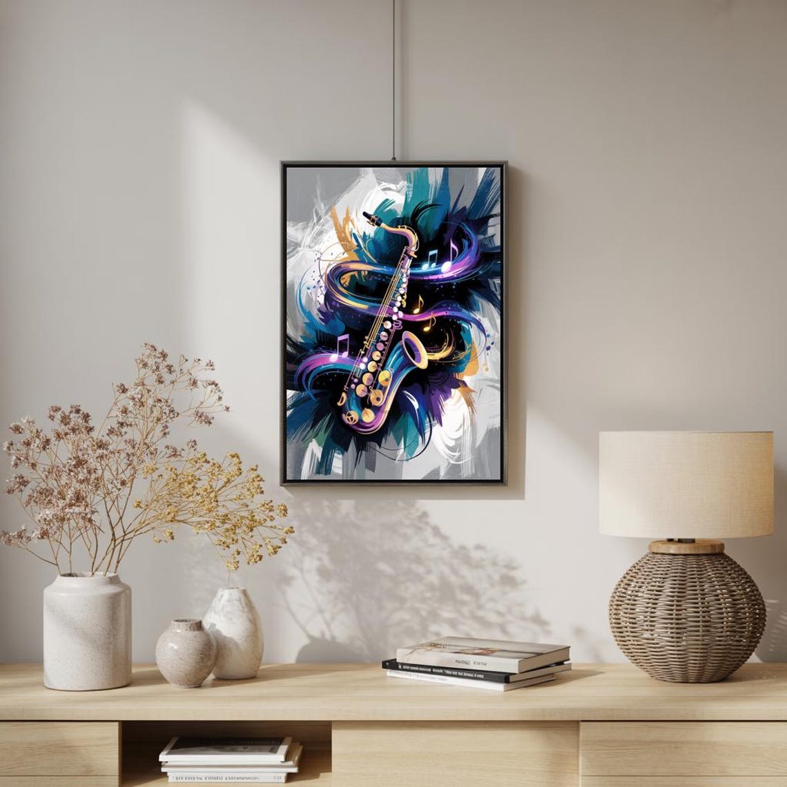 Neon Saxophone With Swirling Notes on Dark Abstract Music Poster - Image 3