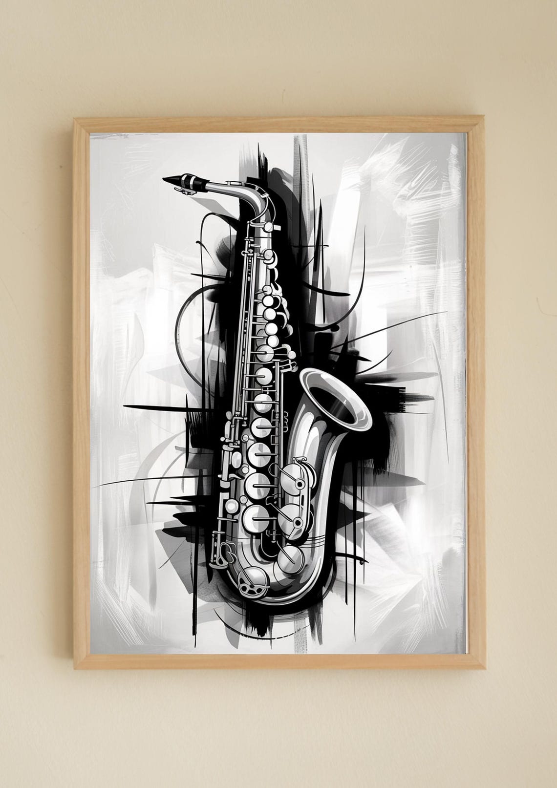 Black and White Abstract Saxophone With Bold Ink Strokes Poster - Image 2