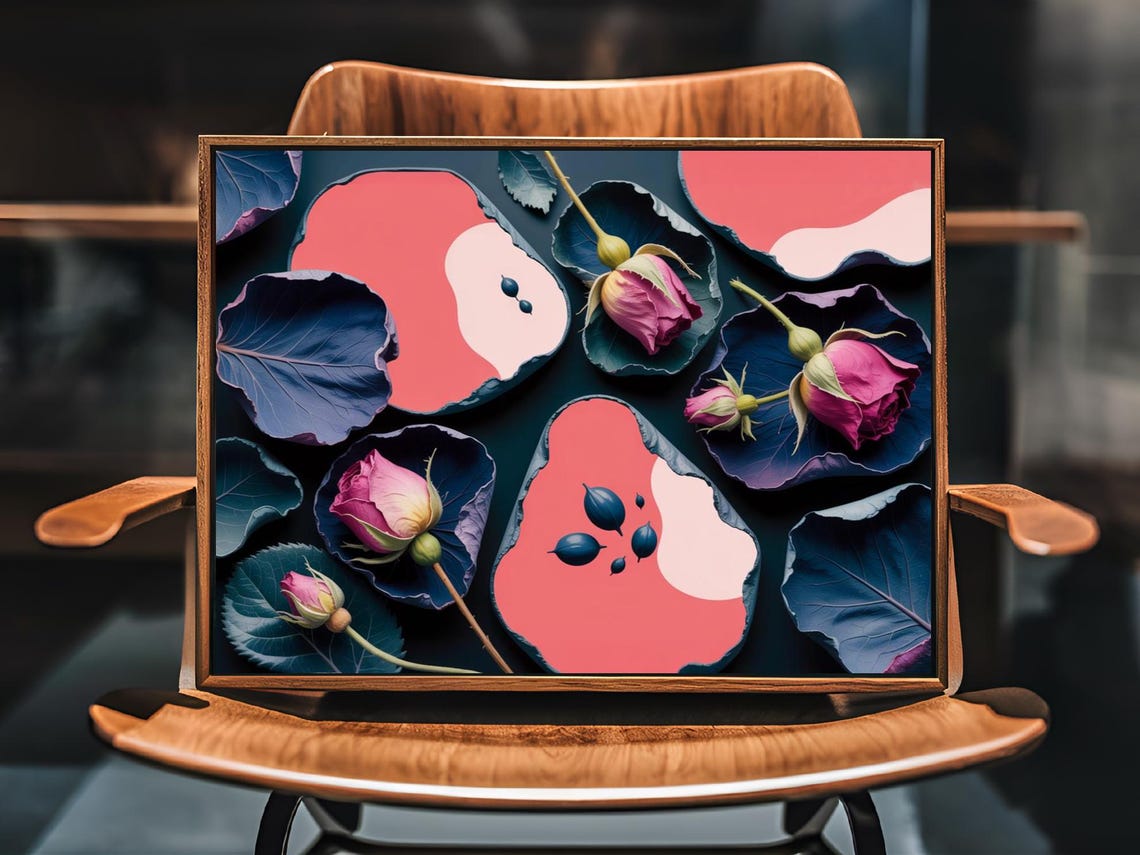 Indigo Hues Dry Rose Buds With Coral Abstract Flat Lay Poster - Image 3
