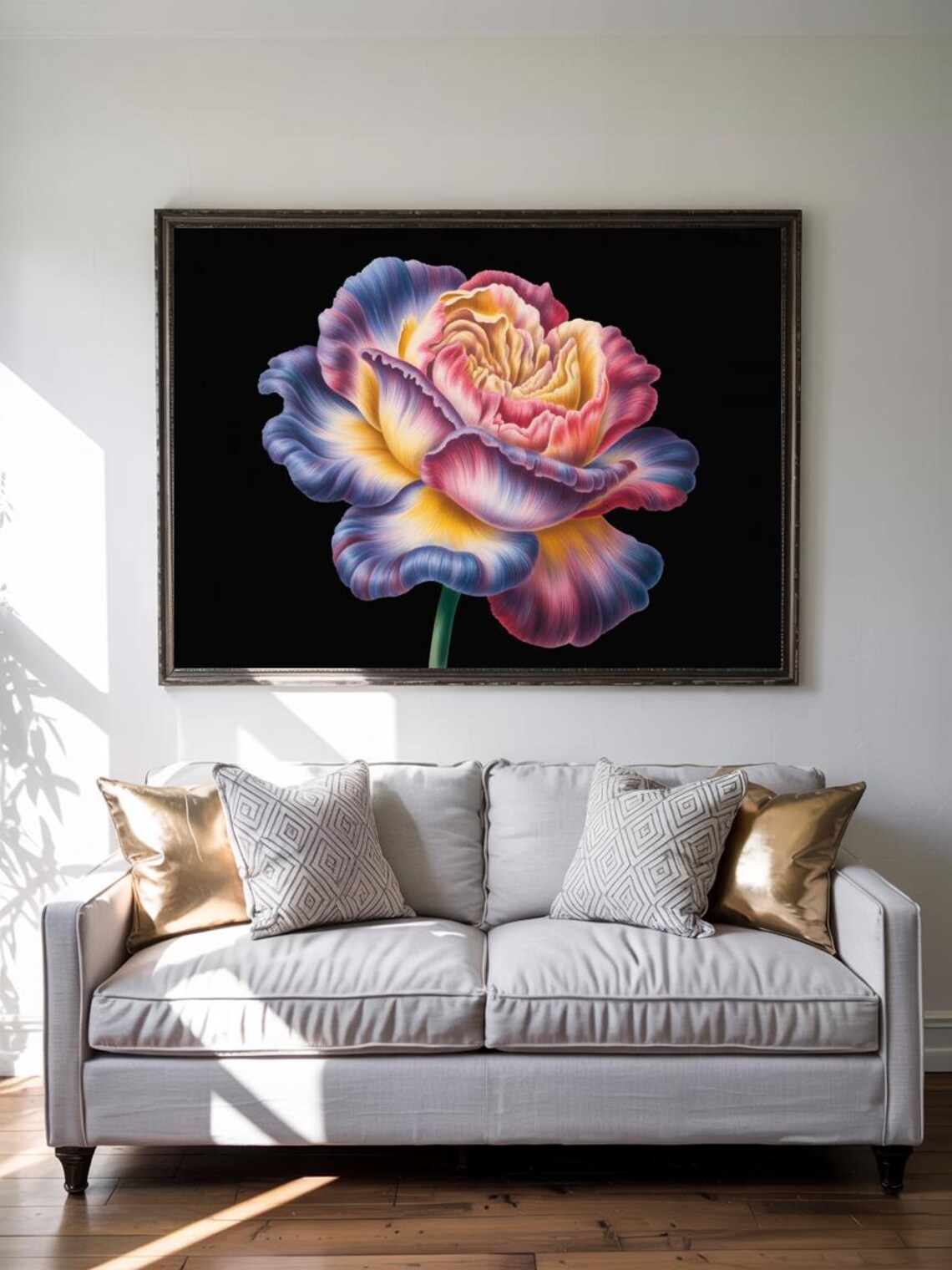 Colorful Striped Bloom on Black Background Modern Floral Poster - Image 3