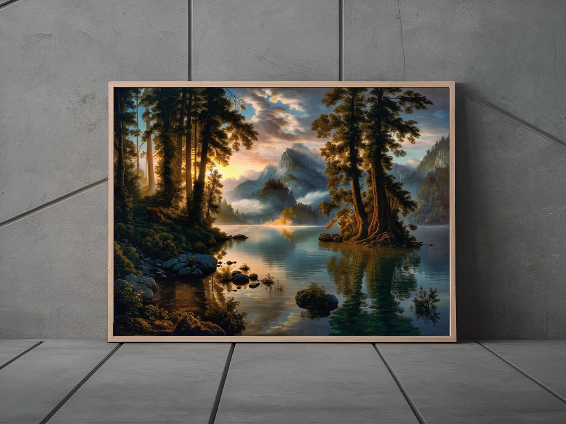 Dramatic Sunrise Over Misty Lake With Tall Forest Trees Poster