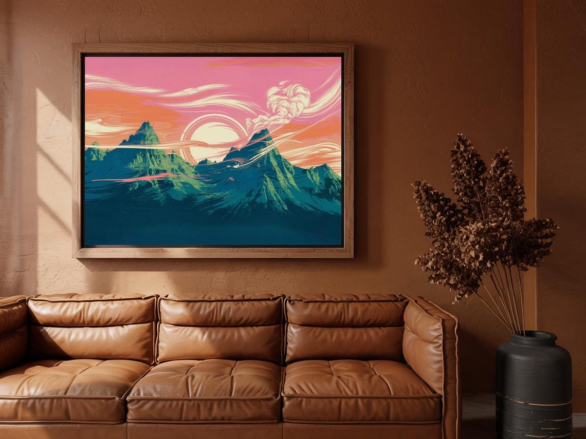Twin Teal Mountain Peaks Under Pink Sky With Pale Sun Poster - Image 3