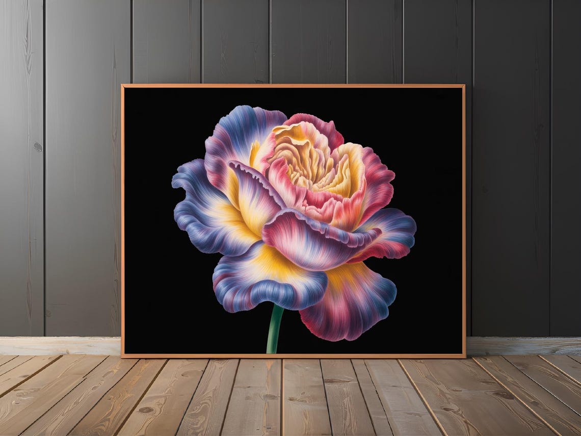 Colorful Striped Bloom on Black Background Modern Floral Poster