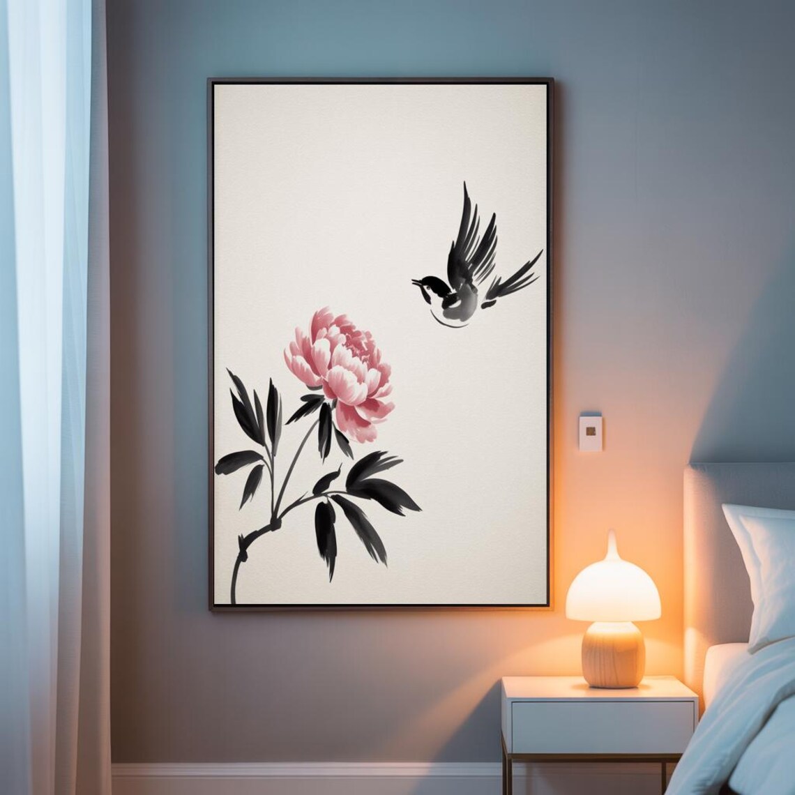Flying Bird And Blossom Minimal Japanese Ink Style Art Poster - Image 2