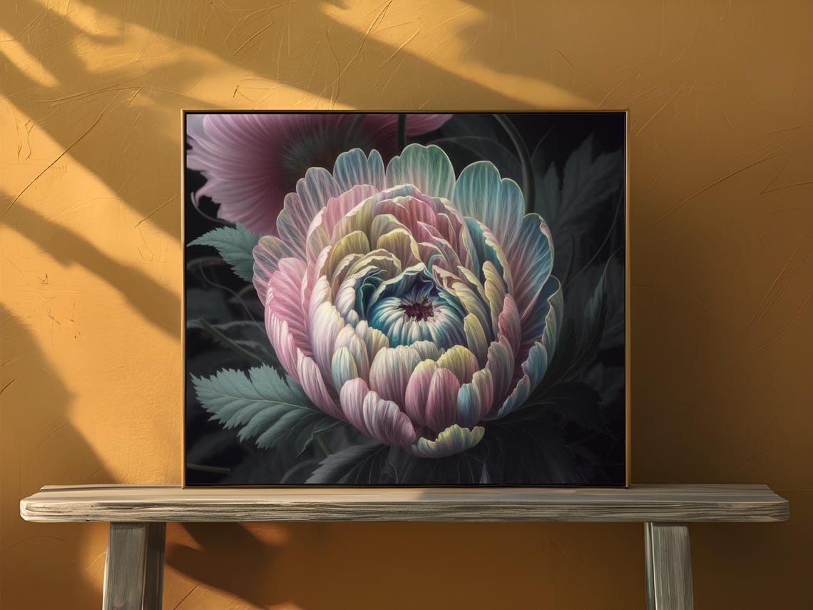 Pastel Peony Bloom On Dark Background Floral Nature Wall Art - Image 3