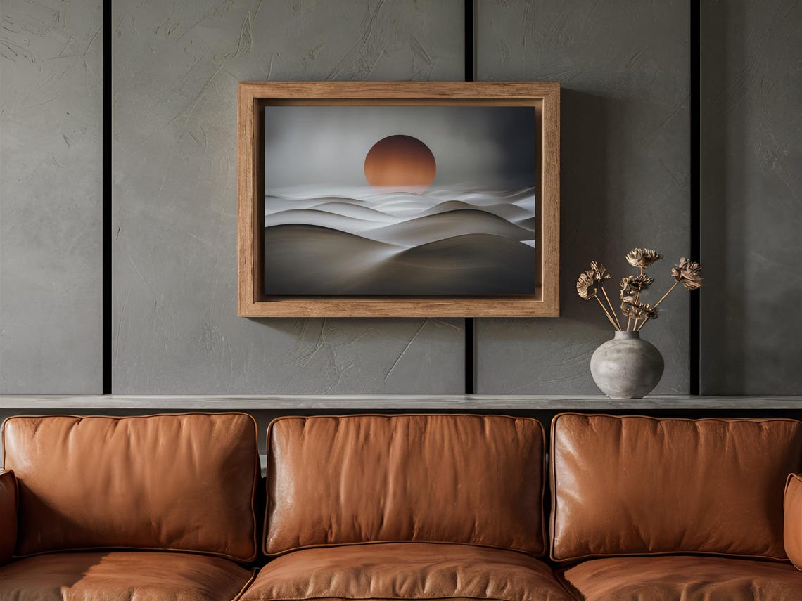Burnt Orange Sun Over Rolling Gray Sand Dunes Minimalist Poster