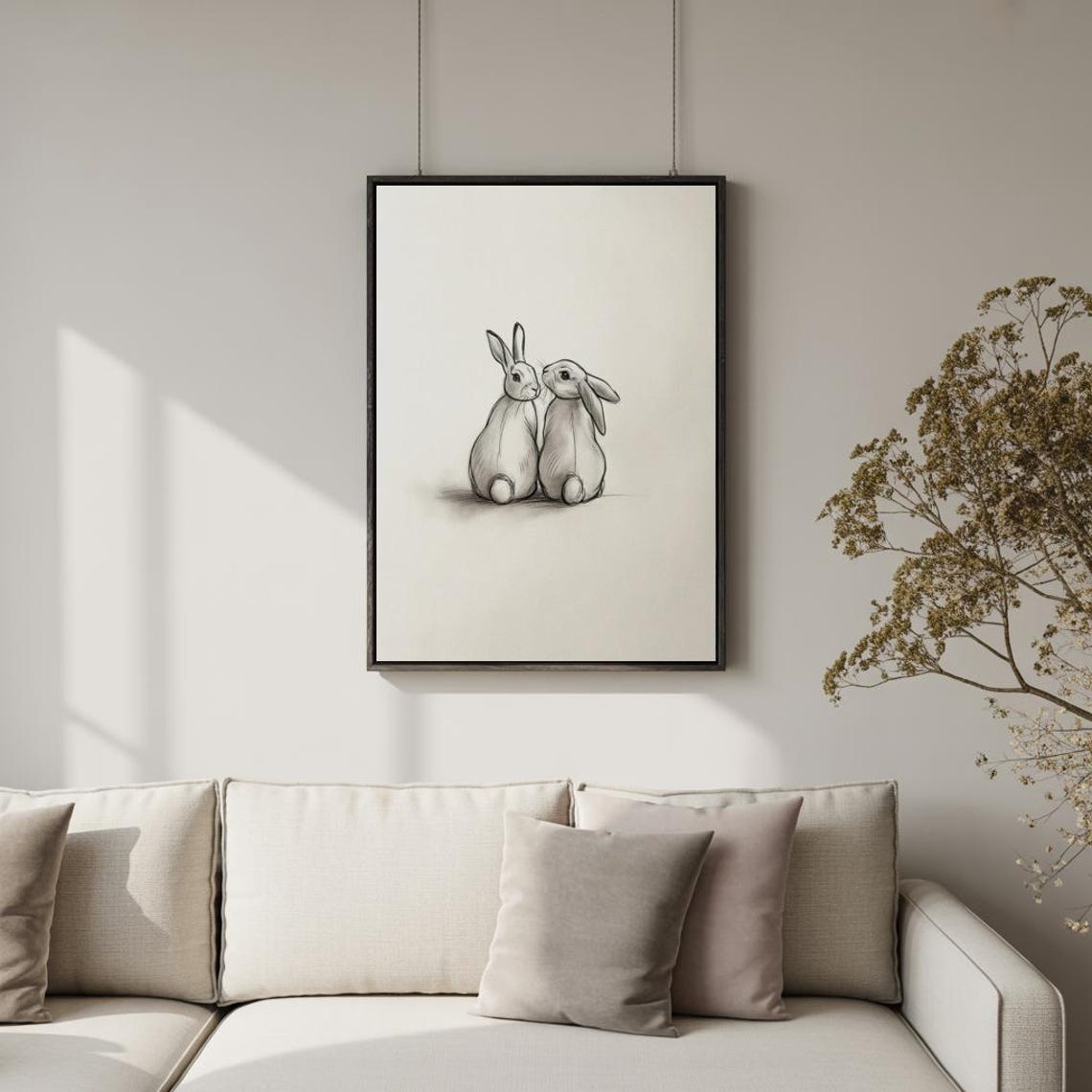 Two Cuddling Bunnies Pencil Sketch Cute Rabbit Nursery Poster