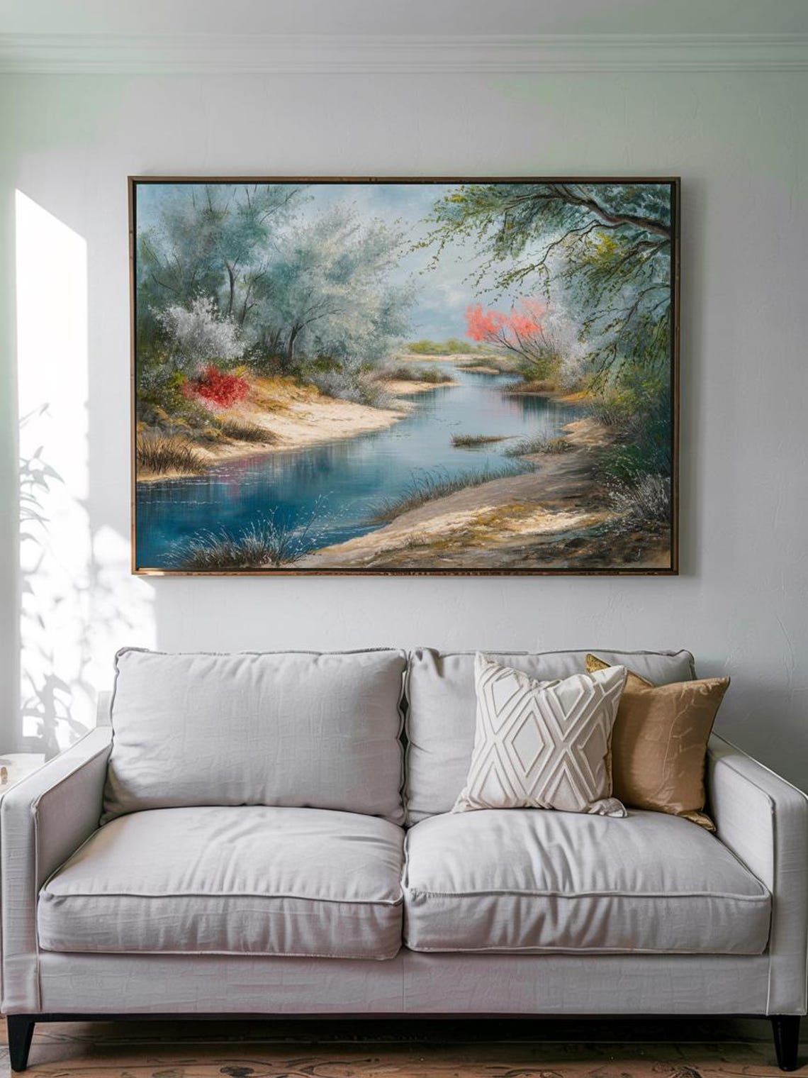 Serene Winding Stream Soft Trees Sandy Banks Impressionist Poster