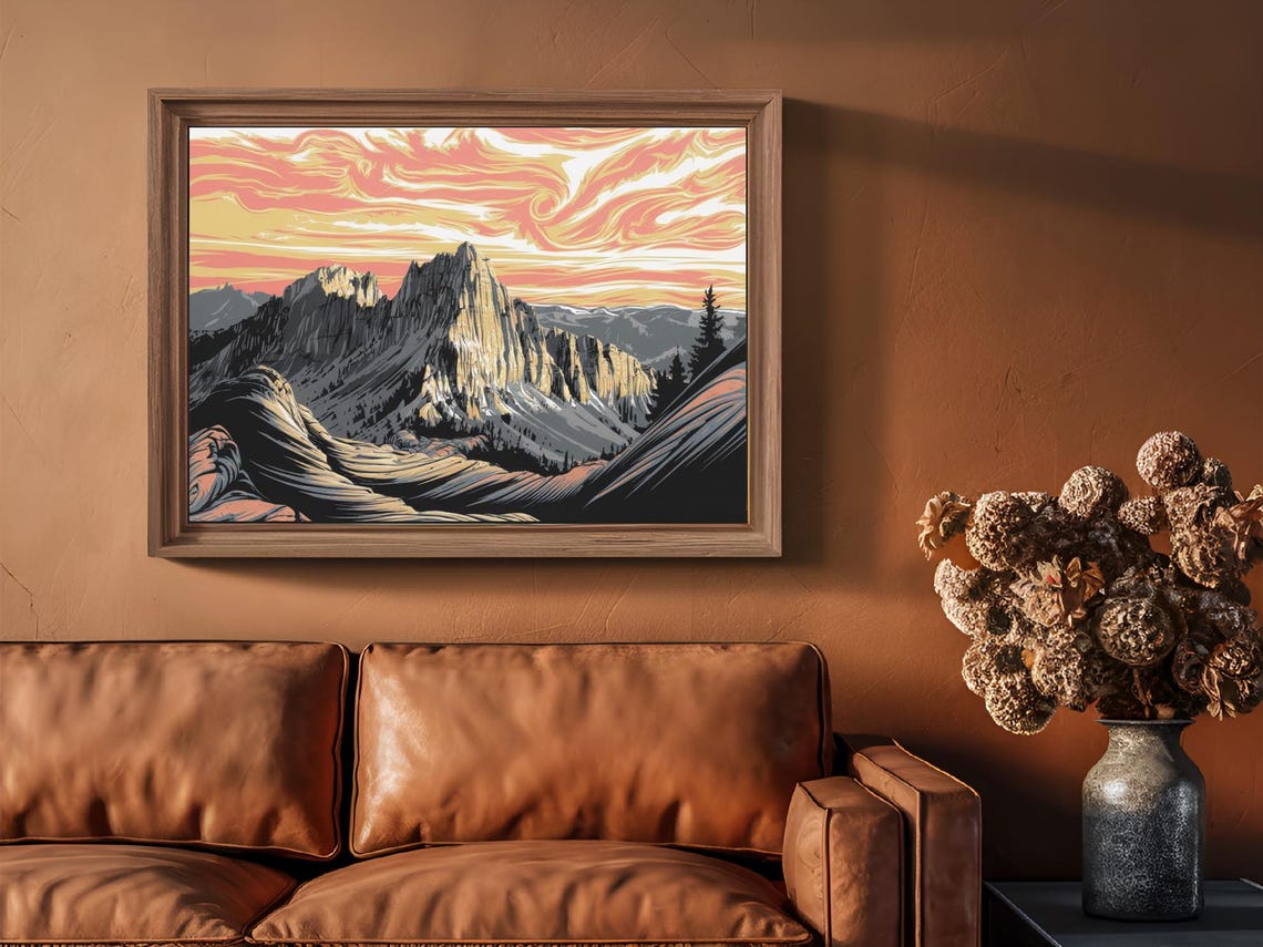 Mountain Peaks Sunrise Minimalistic Art Print Nature Decor Wall Room