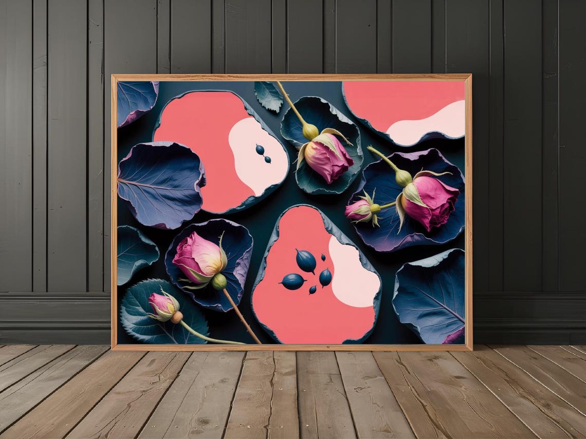 Indigo Hues Dry Rose Buds With Coral Abstract Flat Lay Poster - Image 2