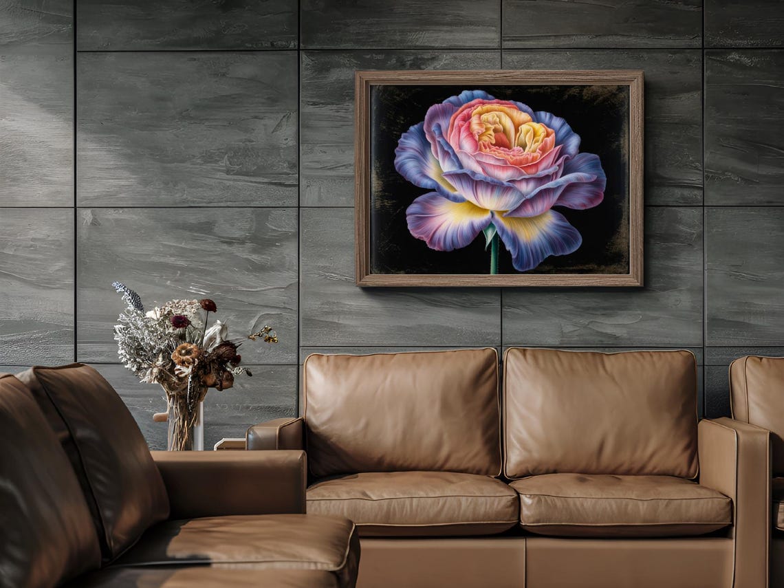 Rainbow Rose Bloom Moody Black Background Botanical Art Print - Image 2