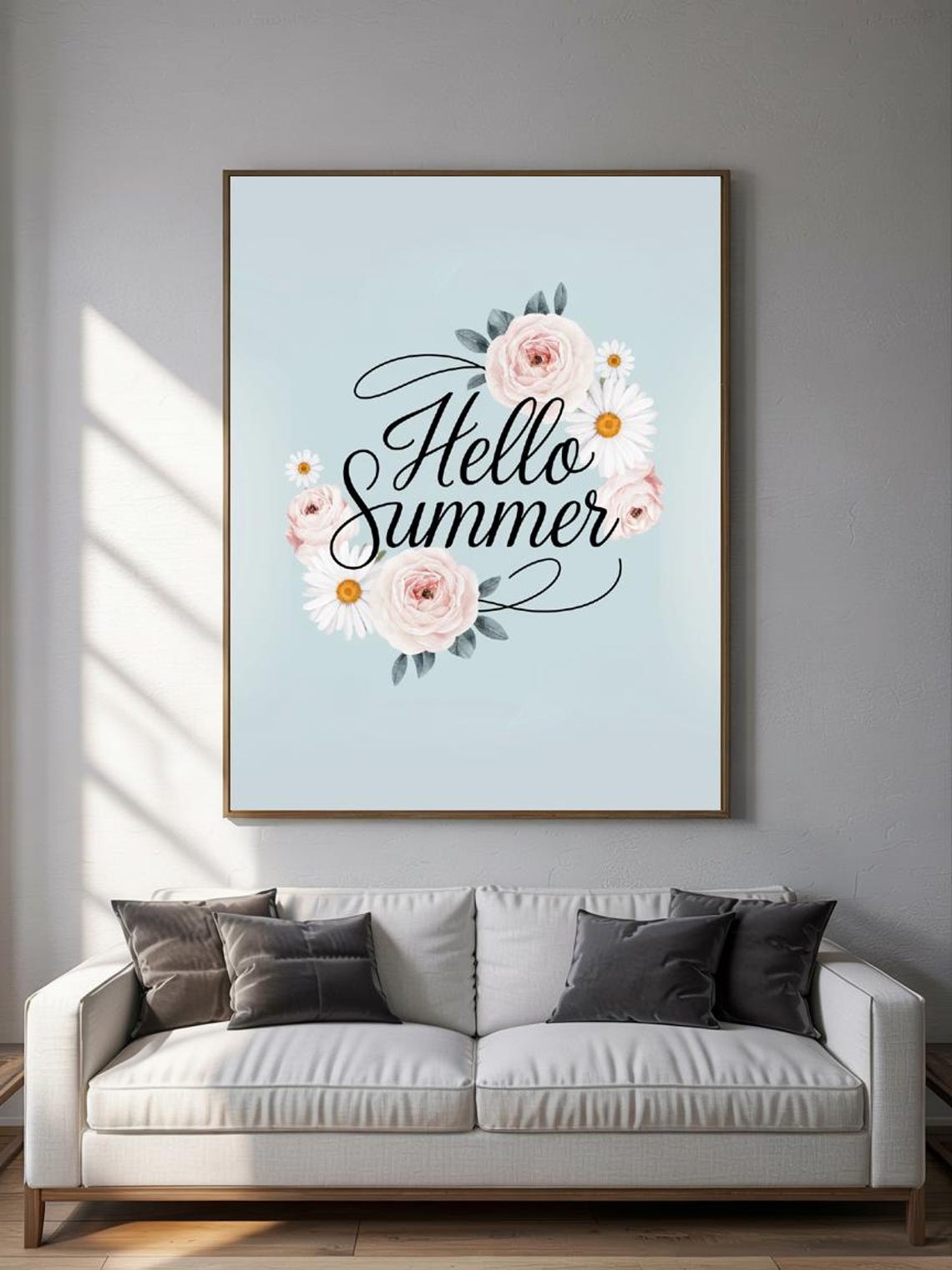 Hello Summer Pastel Script Pink Roses Daisies Soft Floral Art Poster - Image 2