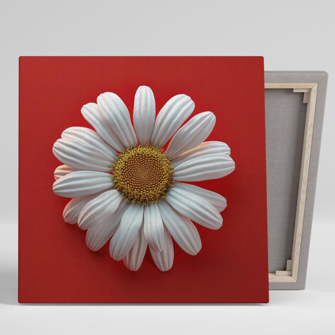 White Daisy Gold Center On Bold Red Minimalist Floral Wall Art Poster