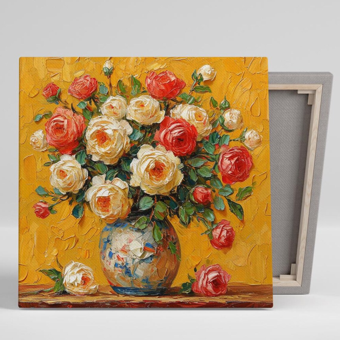 Red And White Roses Bouquet Impasto Painting Gold Background Poster