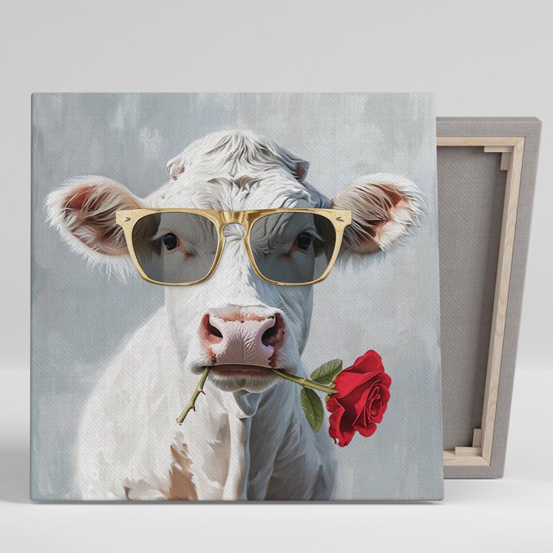 Funny Cow Wearing Gold Sunglasses Red Rose Humorous Animal Wall Poster