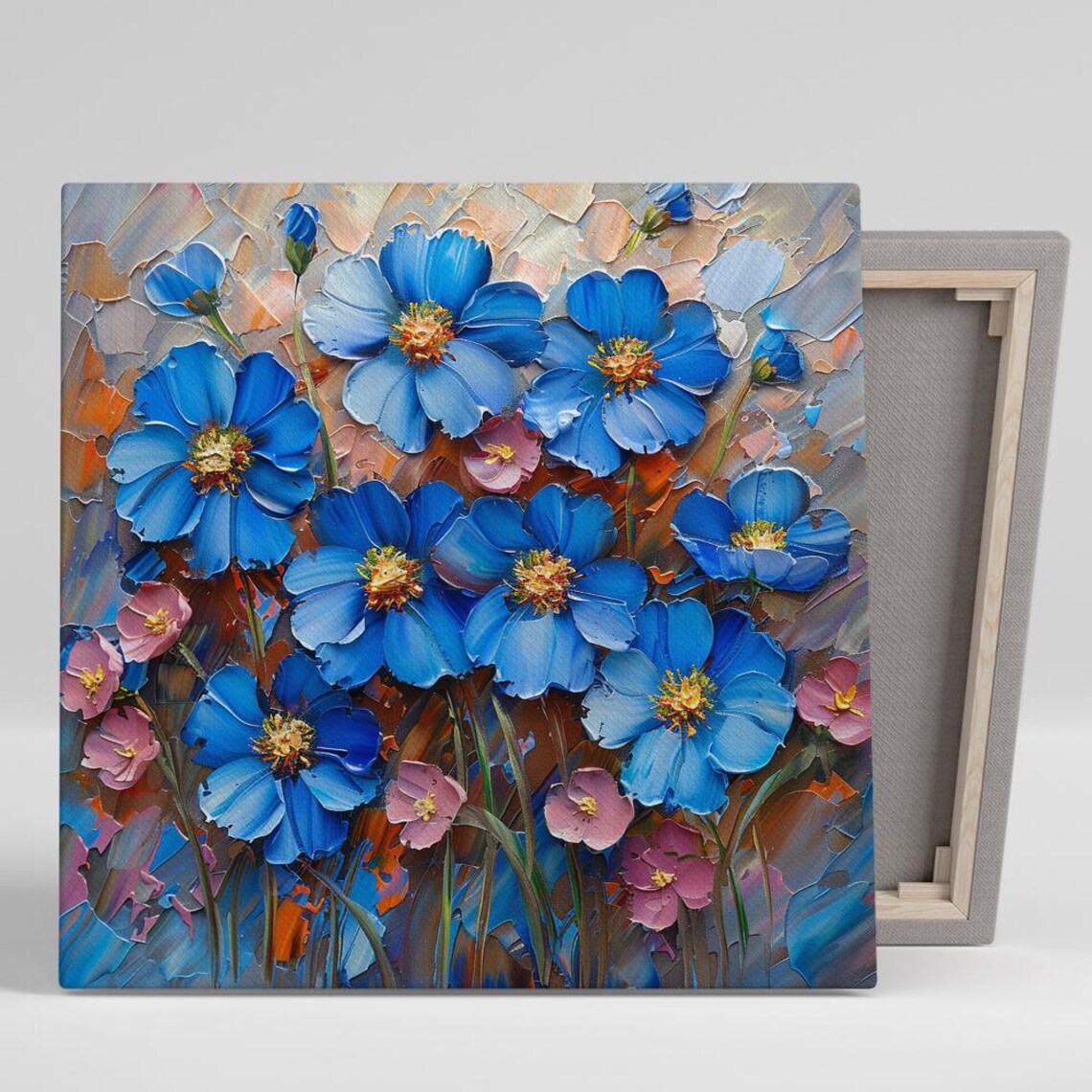 Blue Cosmos Flowers Impasto Garden Oil Painting Vibrant Floral Wall Poster