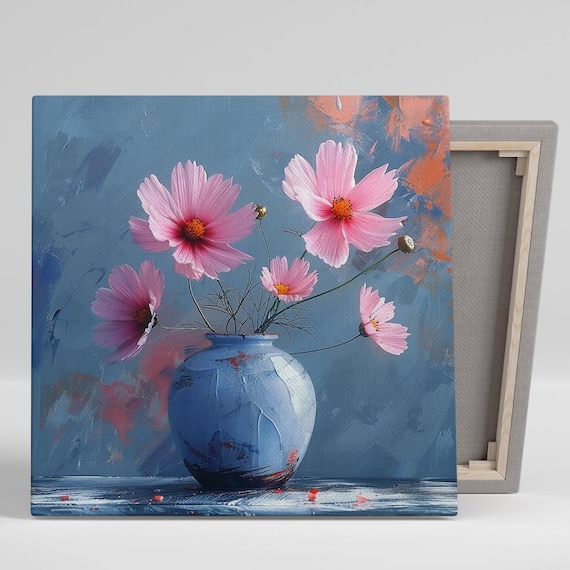 Pink Cosmos Flowers Blue Rustic Vase Moody Floral Still Life Poster