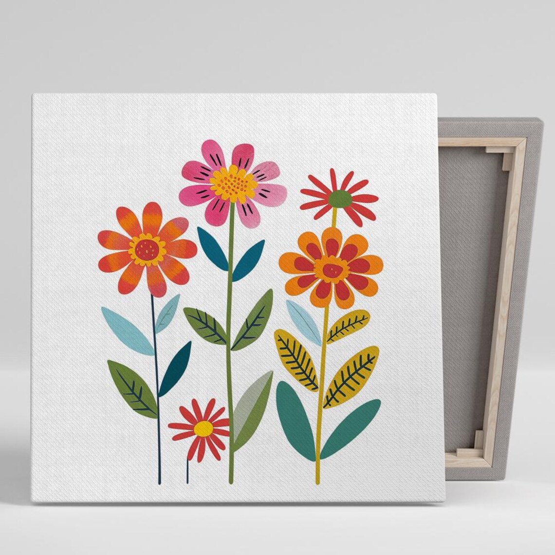 Whimsical Folk Art Wildflowers Pink Orange Red Playful White Poster