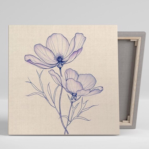 Cosmos Flower Minimalist Blue Line Drawing Botanical Art Poster