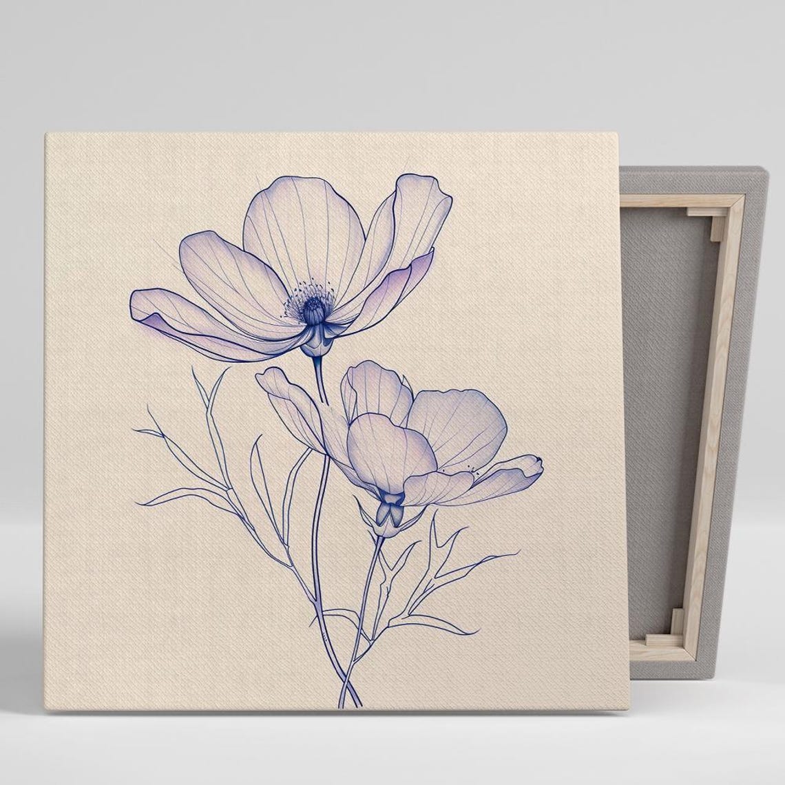 Cosmos Flower Minimalist Blue Line Drawing Botanical Art Poster