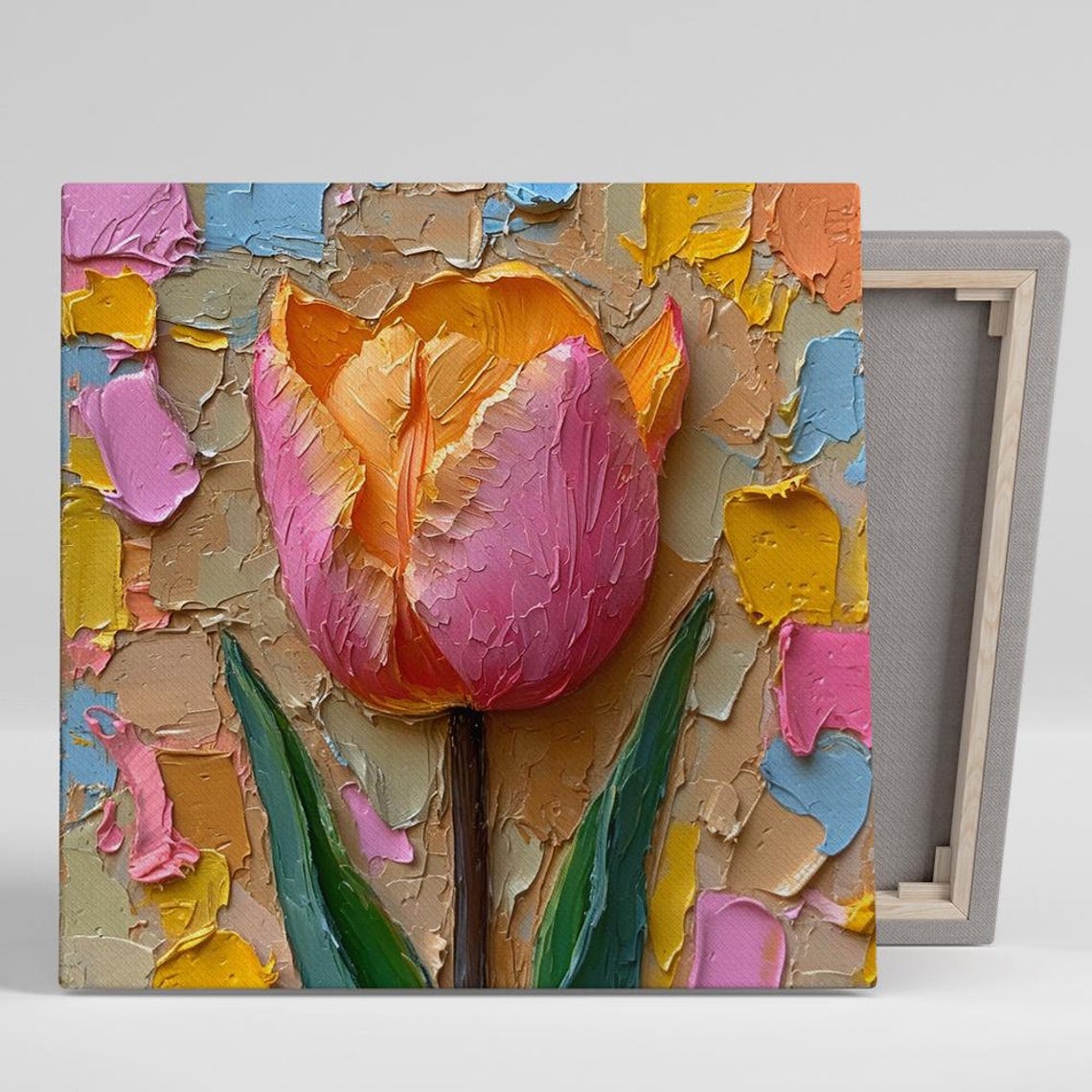 Pink Orange Tulip Impasto Patchwork Background Bohemian Rustic Poster