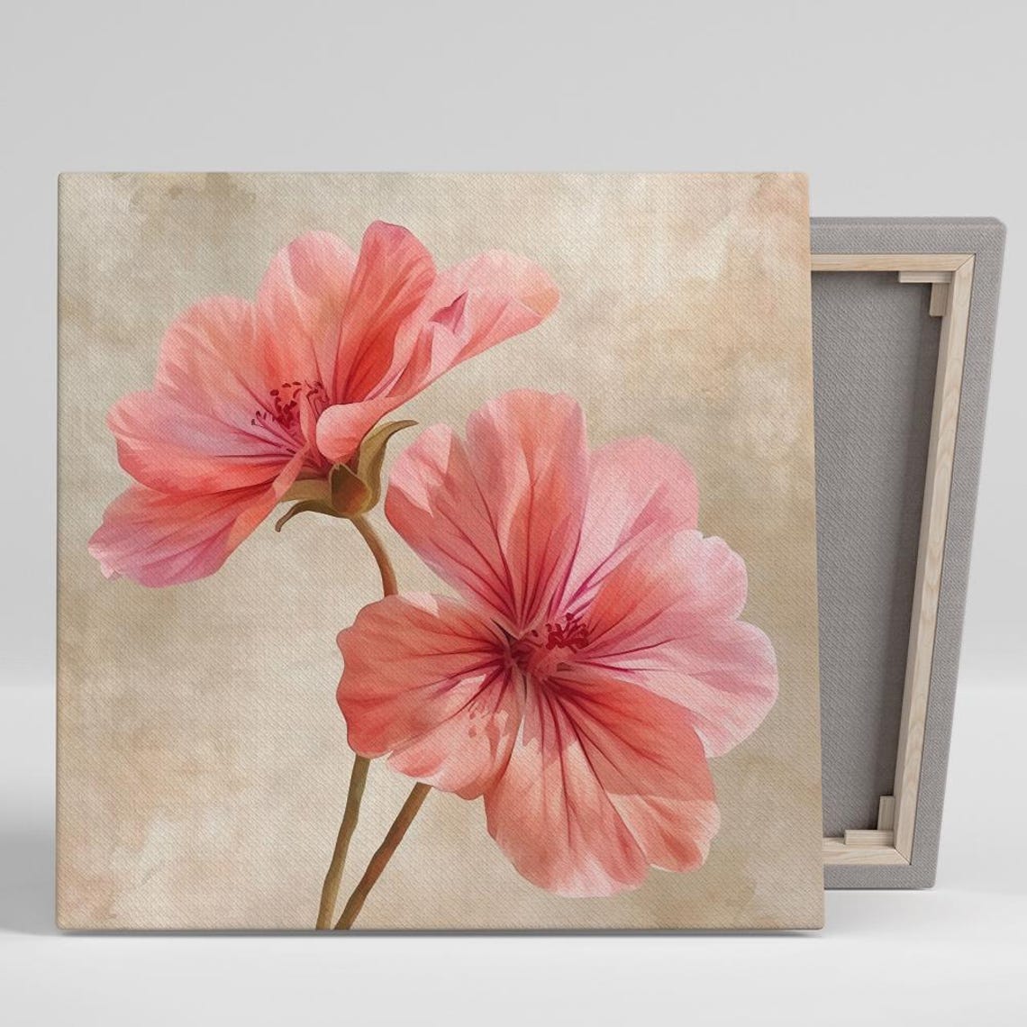 Soft Pink Geranium Blooms Beige Watercolor Romantic Floral Poster