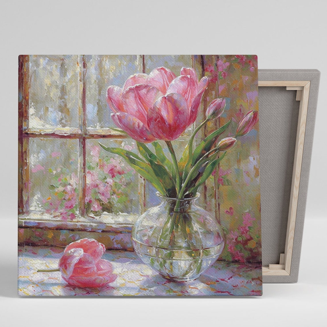 Pink Tulips Sunny Window Glass Vase Impressionist Cottage Floral Print