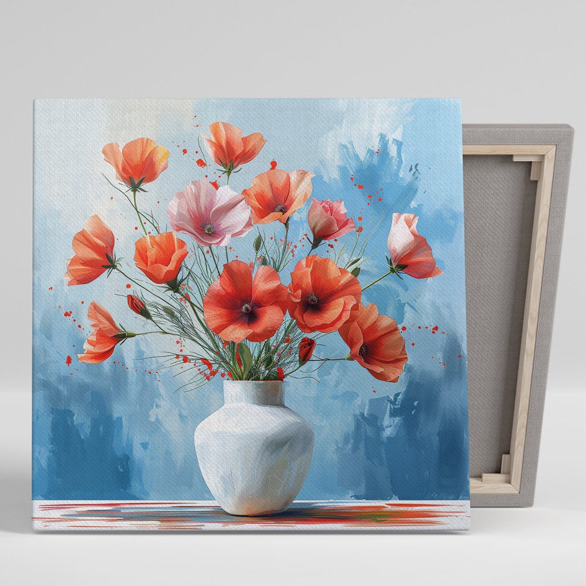 Red Poppy Bouquet in White Vase on Painterly Blue Floral Wall Art