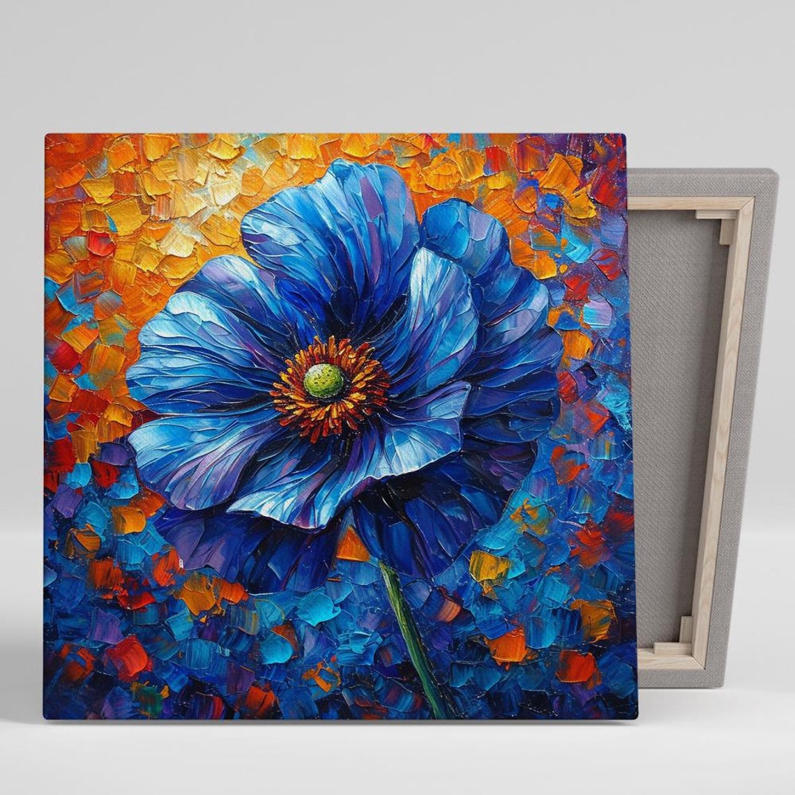 Blue Poppy Blossom Close Up on Fiery Impasto Floral Wall Art