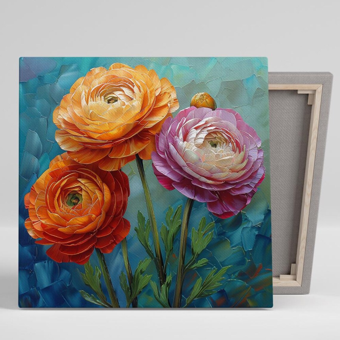 Orange Pink Ranunculus Trio Bold Teal Impasto Floral Art Poster