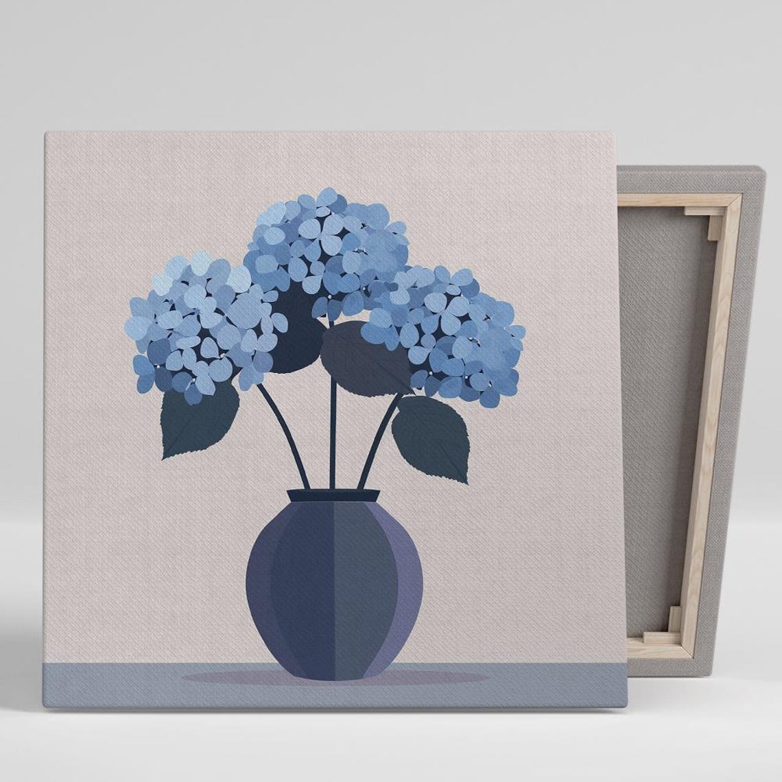 Blue Hydrangea Navy Vase Flat Minimalist Beige Background Art Poster