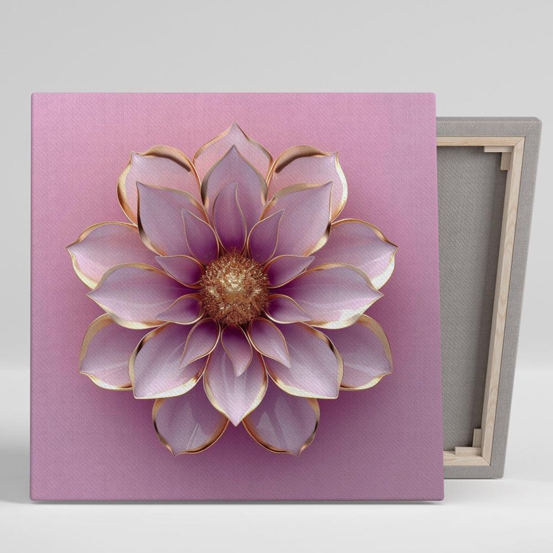 Pink Dahlia Bloom With Gold Edges on Rose Background Wall Art