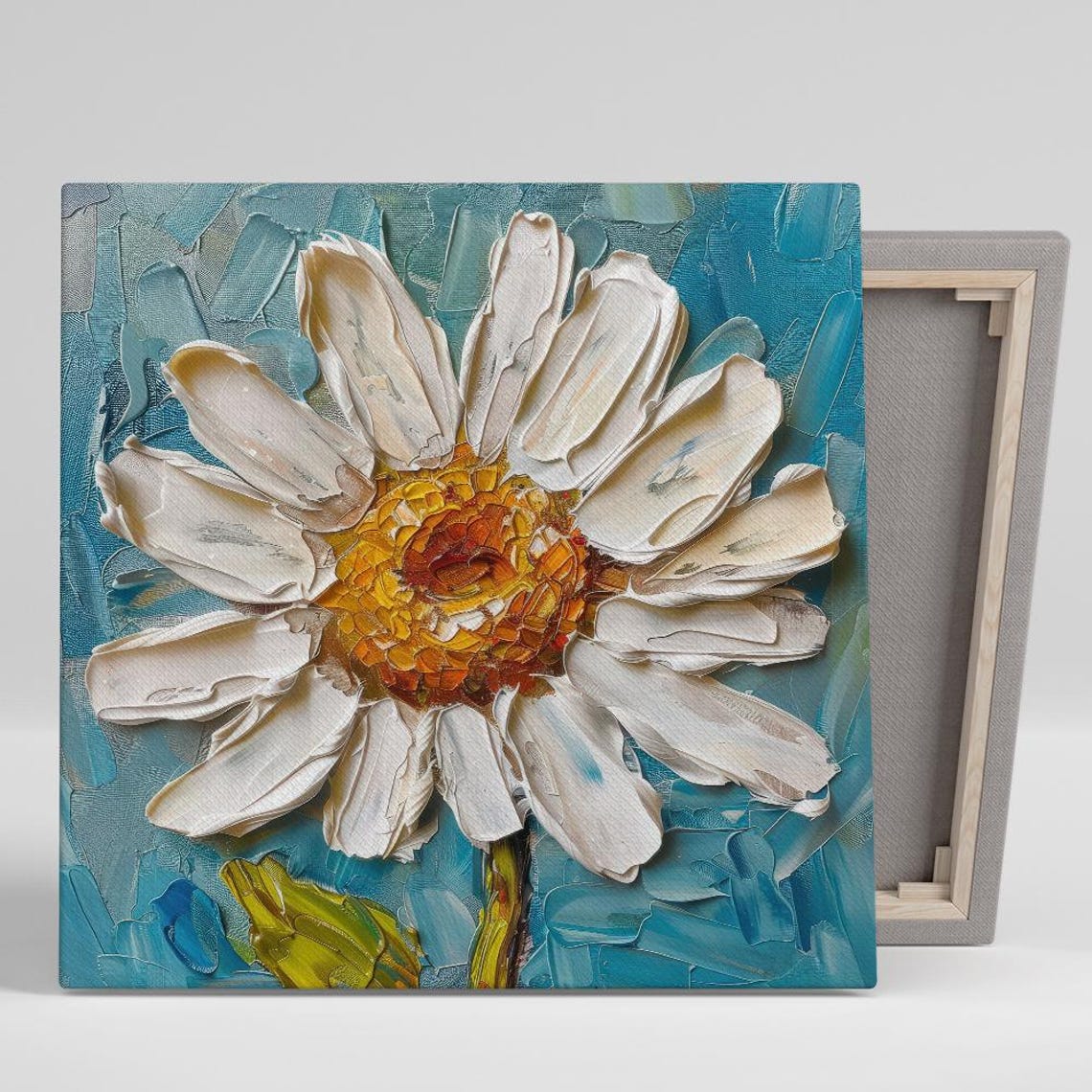 White Daisy Impasto Oil Painting Style Turquoise Textured Poster