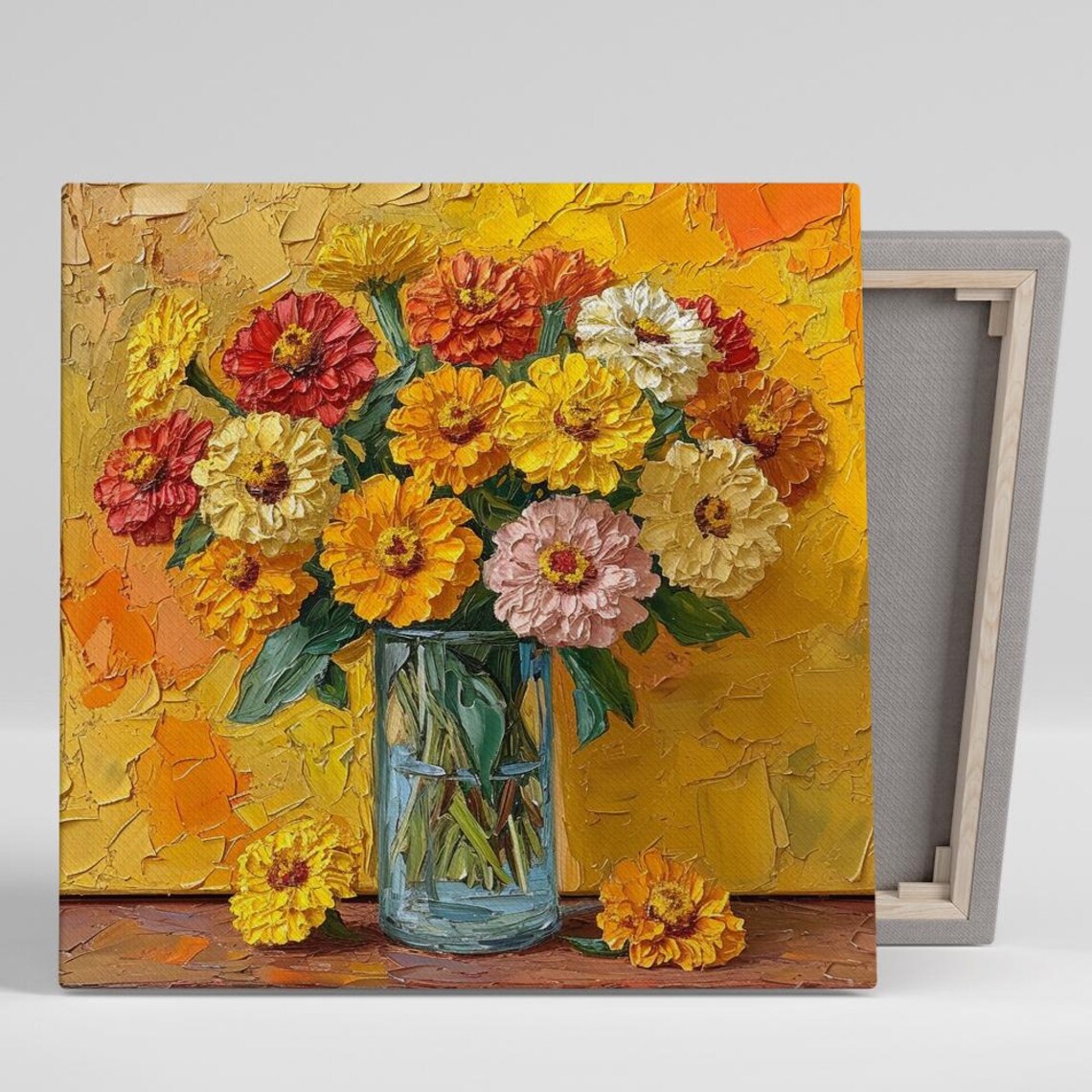 Impasto Zinnia Bouquet Glass Vase Golden Yellow Oil Painting Poster