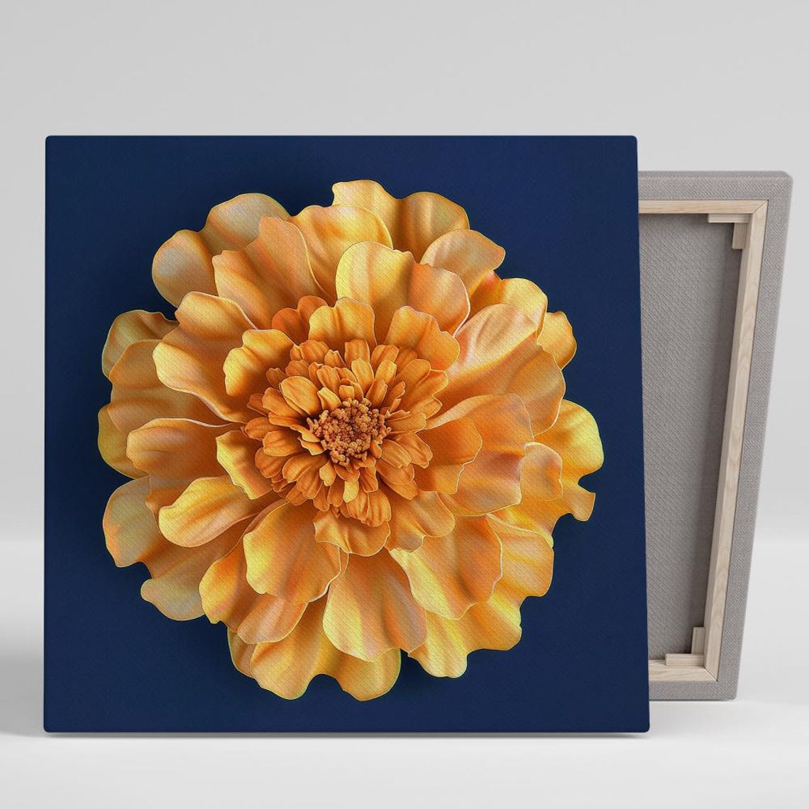 Golden Marigold Flower Macro Portrait Dark Navy Background Poster