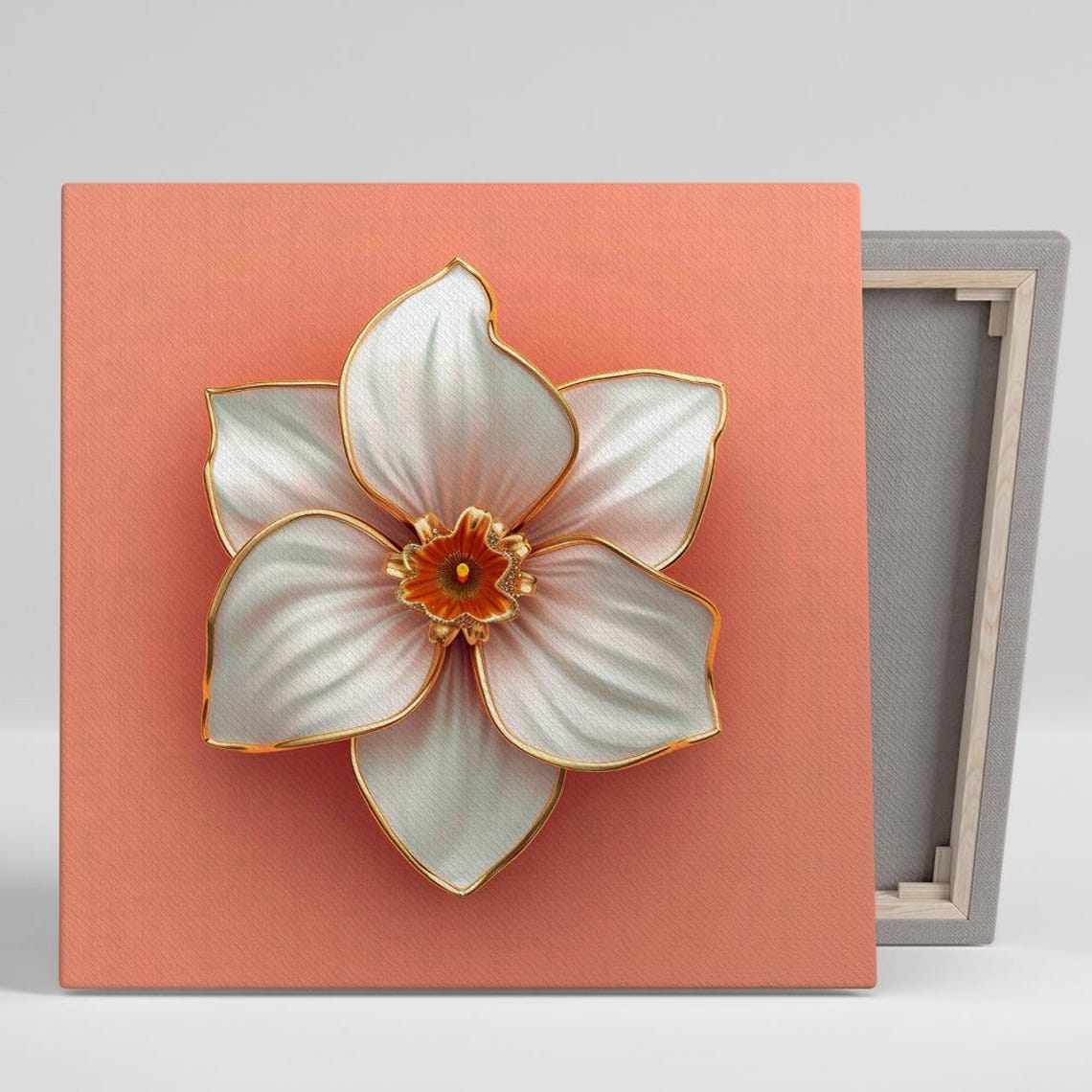 White Flower Gold Trim Coral Background Contemporary Floral Poster