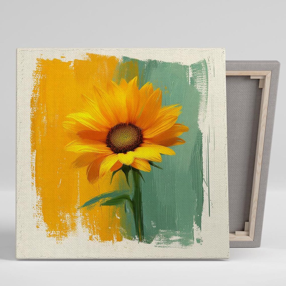 Sunflower Portrait Yellow Brushstrokes Sage Green Rustic Modern Poster