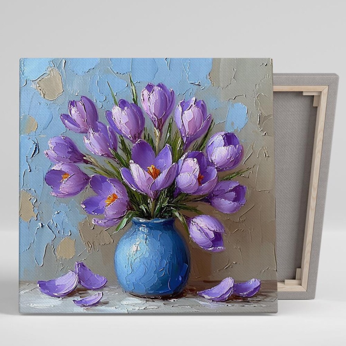 Purple Crocus Bouquet in Blue Vase Impasto Oil Painting Floral Print