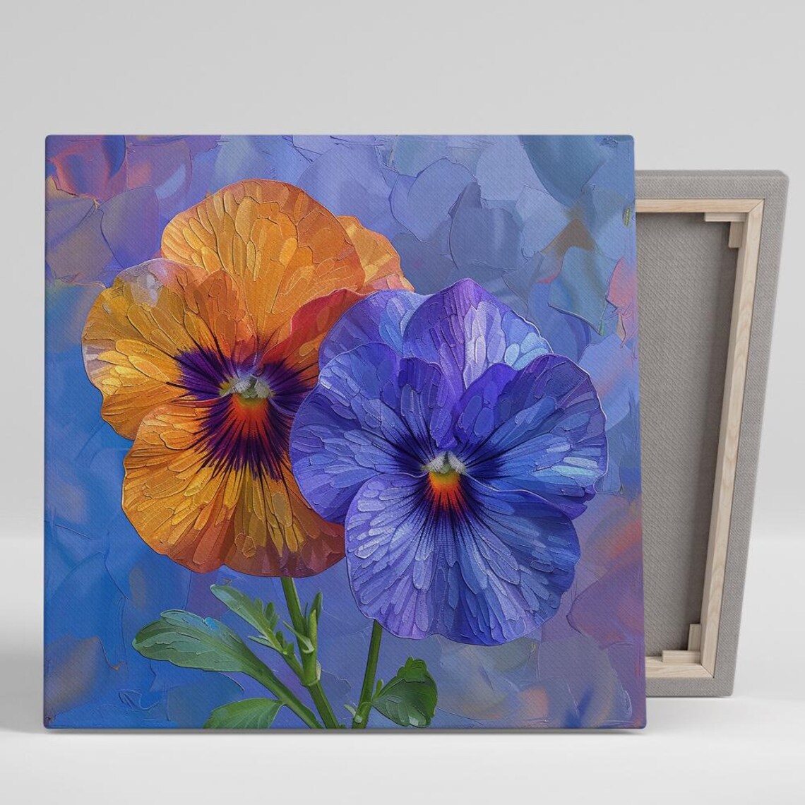 Orange and Purple Pansies Impasto Painting Vivid Blue Backdrop Poster