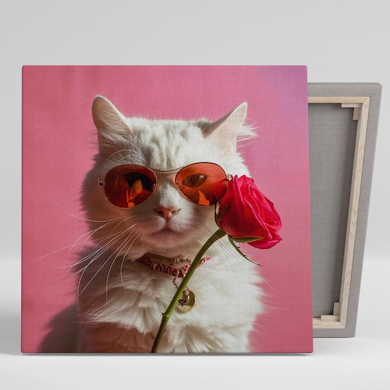 Cool White Cat Sunglasses Red Rose Pink Background Art Print