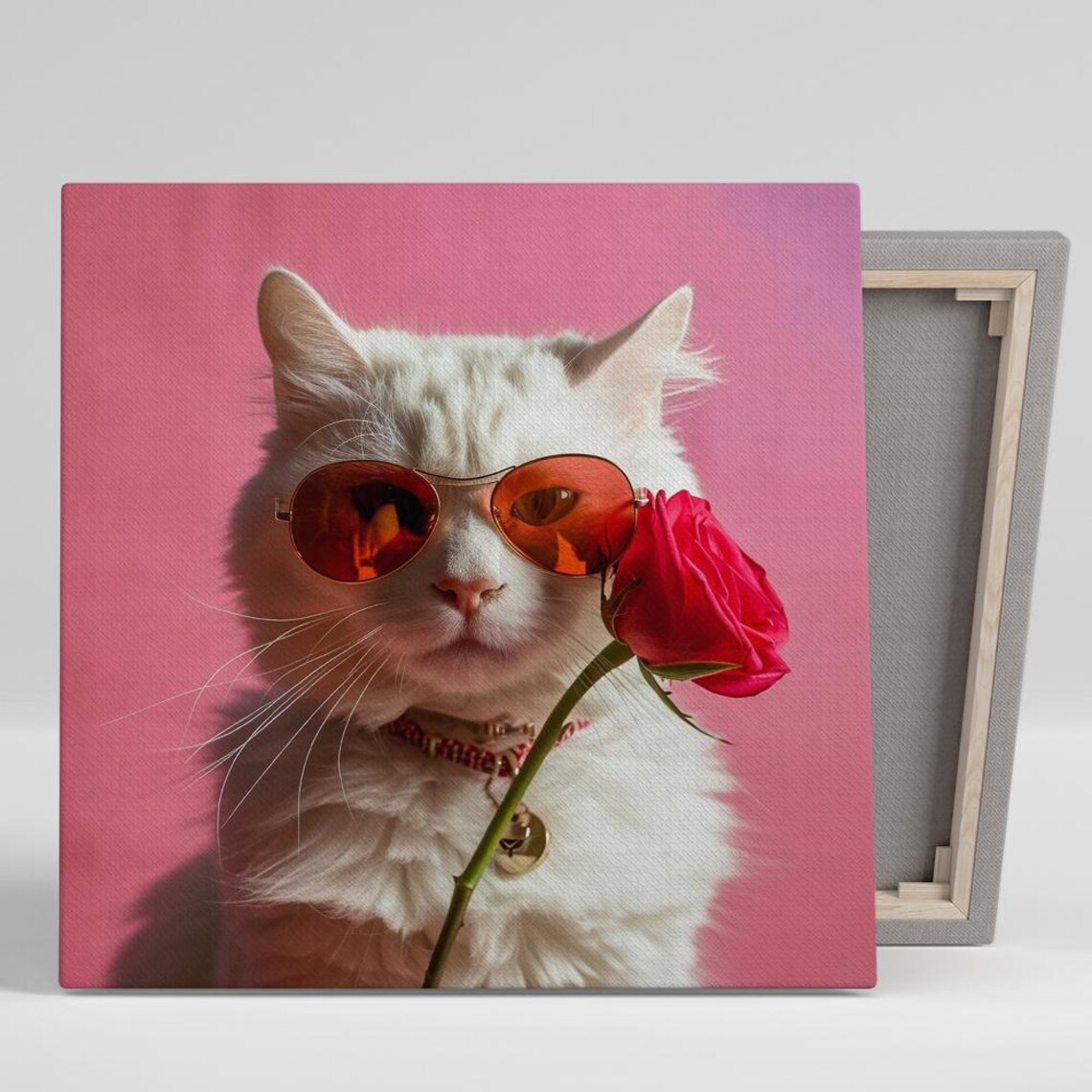 Cool White Cat Sunglasses Red Rose Pink Background Art Print