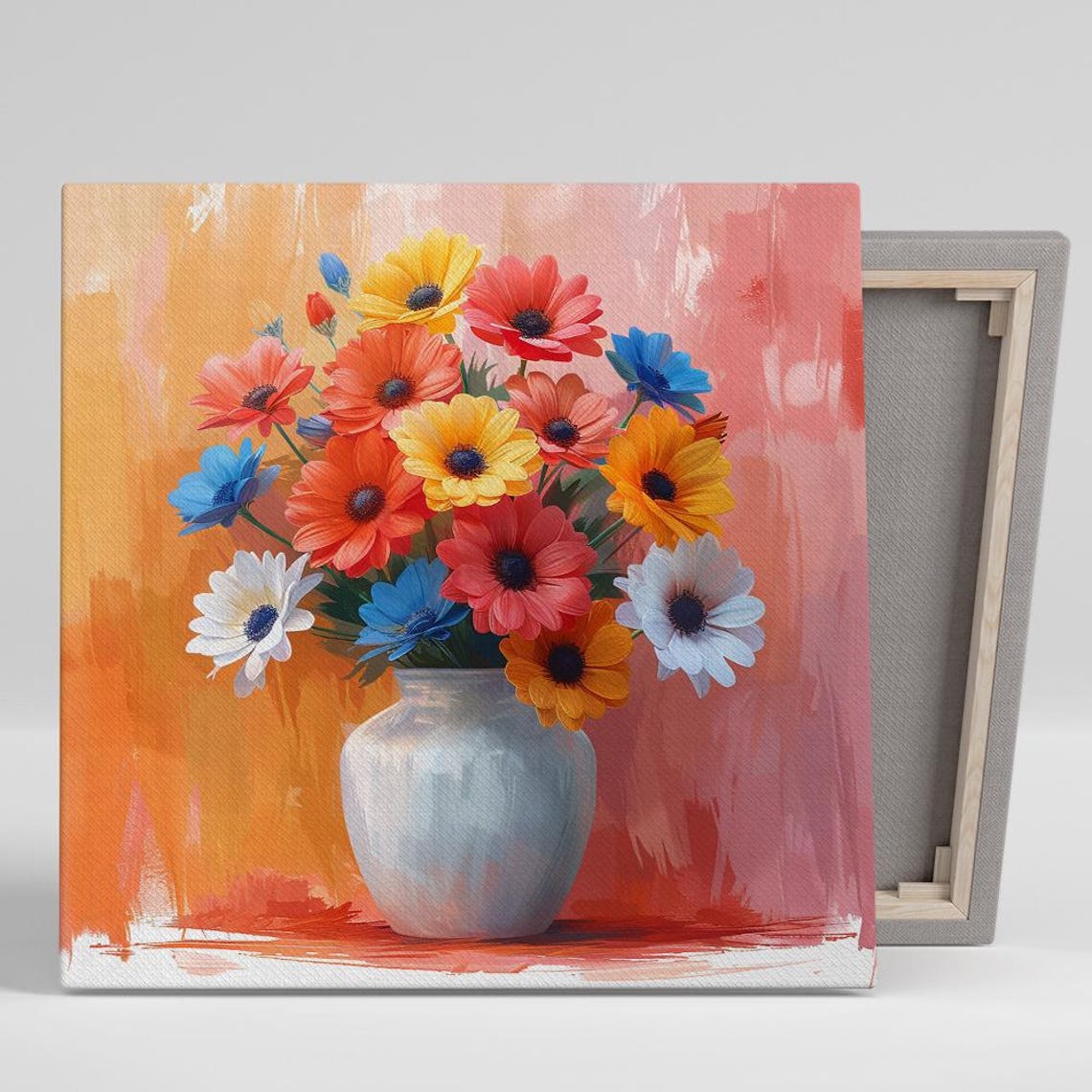 Multicolor Daisy Bouquet In White Vase Peach Background Poster