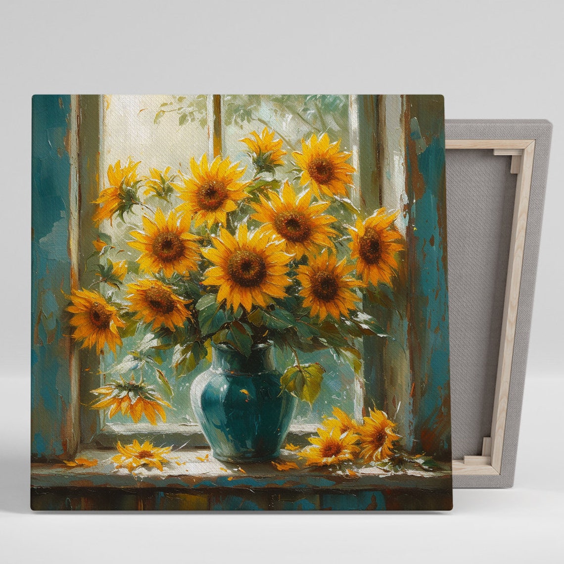 Sunflowers in Teal Vase on Rustic Windowsill Farmhouse Wall Art