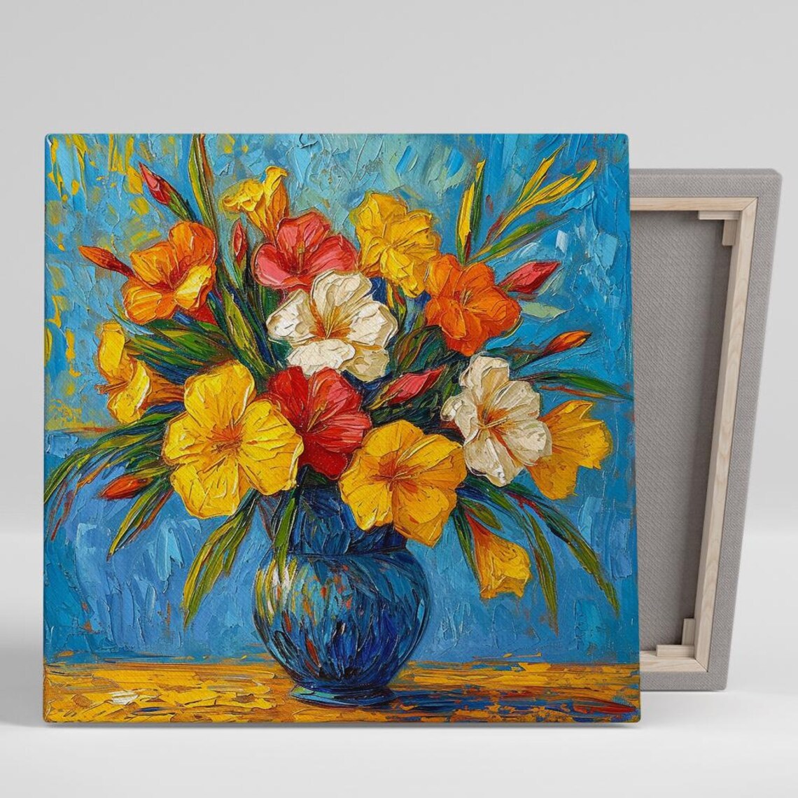 Colorful Gladiolus Bouquet Blue Vase Impasto Expressive Floral Poster