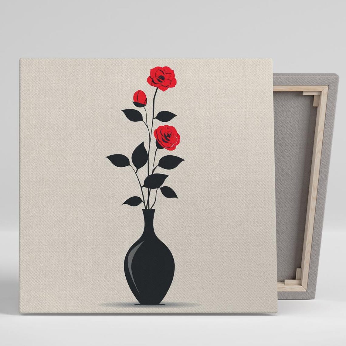 Red Rose Black Vase Minimalist Silhouette Beige Background Art Poster