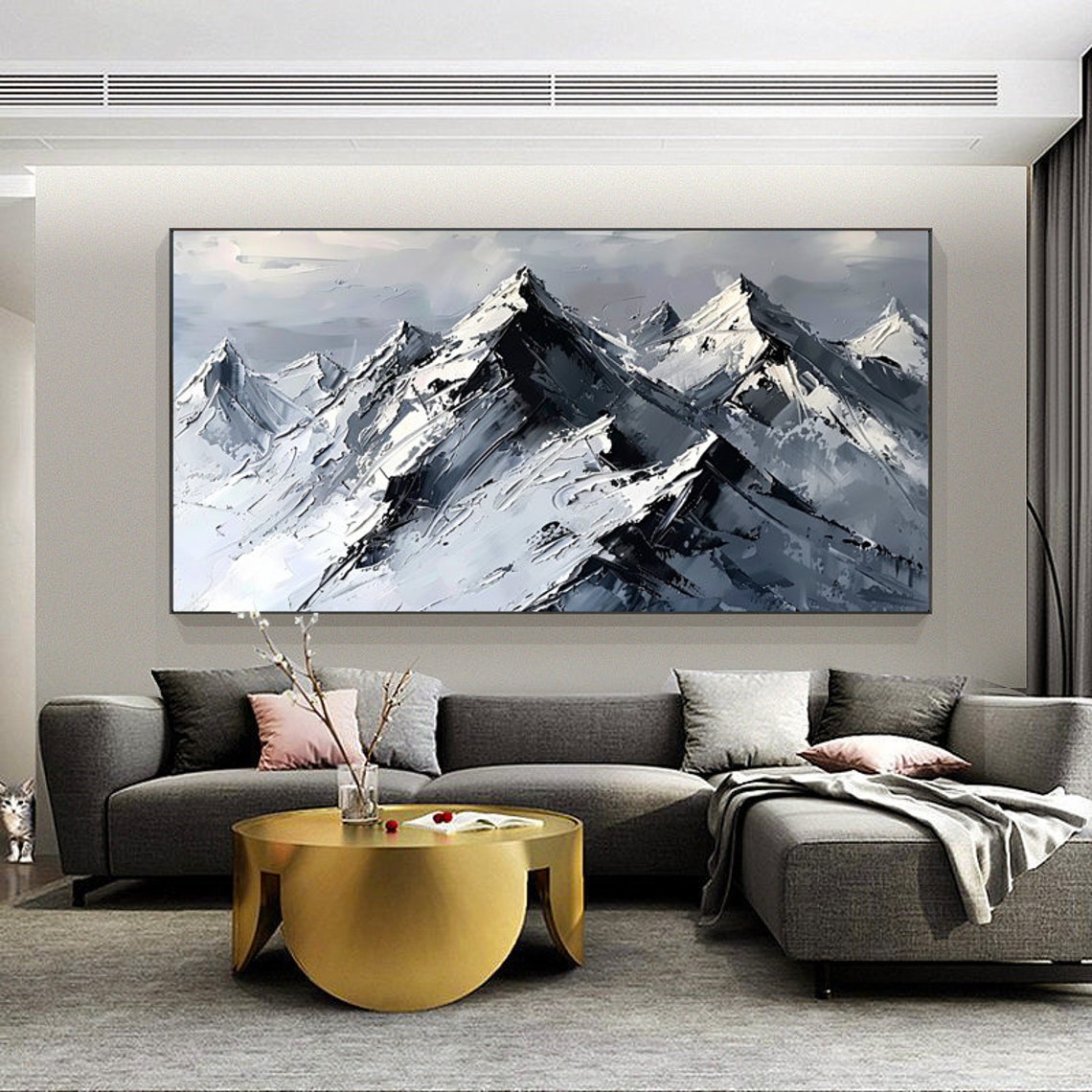 Monochrome Alpine Ridge Panorama Snowy Peaks Mountain Painting Poster - Image 4