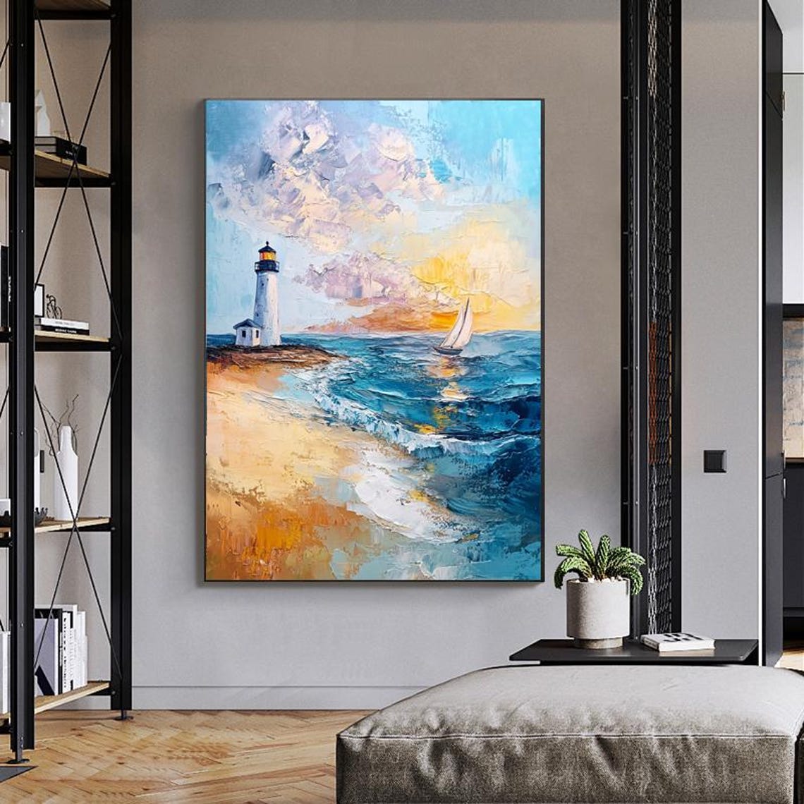 Classic Coastal Lighthouse at Sunset With a Sailboat Scene Poster - Image 6