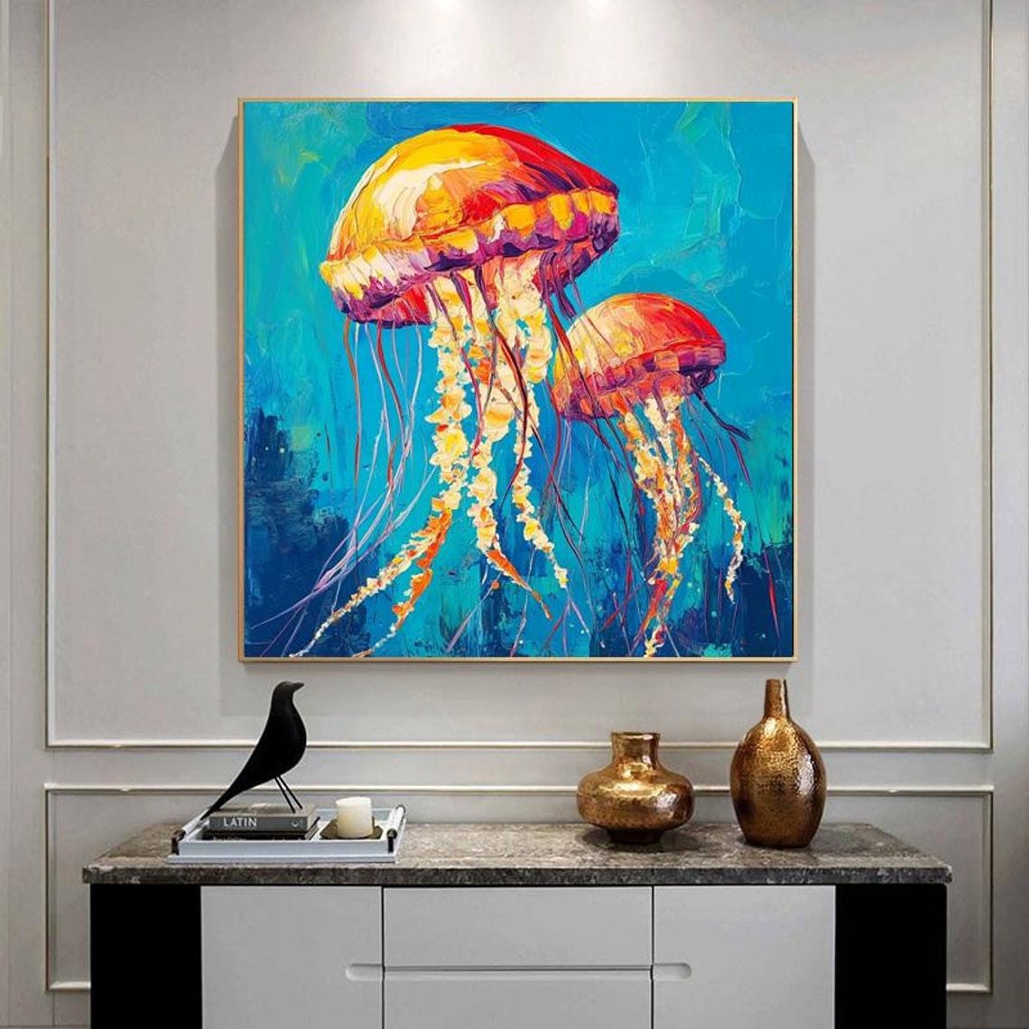 Hand Painted Oil Painting Ocean Creatures Jellyfish Wall Art Original Artwork For Entryway And Dining Room - Image 3