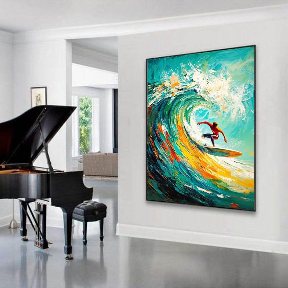 Surfer Riding A Golden Ocean Wave Dynamic Coastal Painting Poster - Image 3