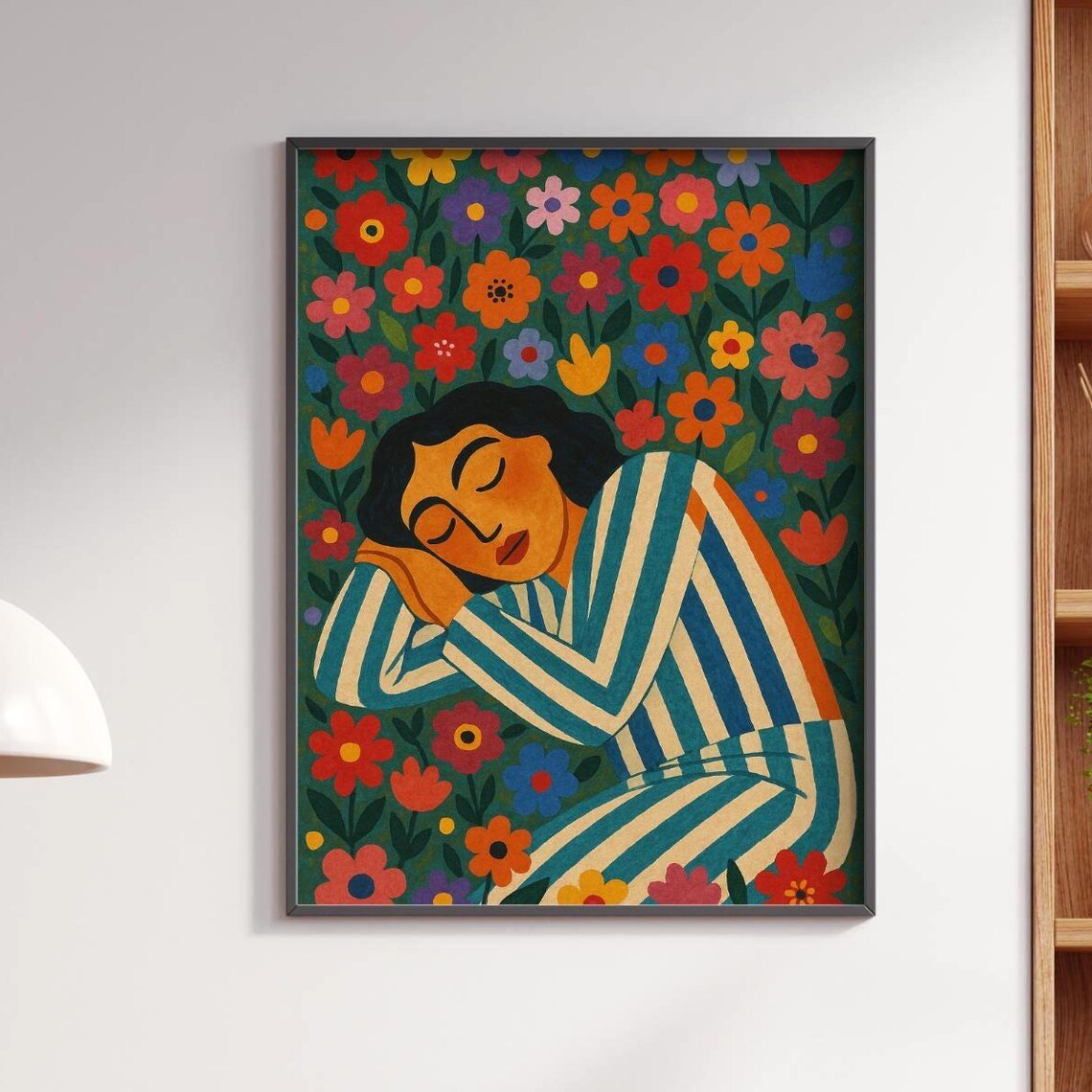 Sleeping Woman Among Colorful Flowers Naive Folk Art Wall Poster